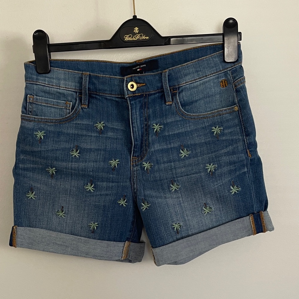 Tommy Hilfiger Blue Denim Shorts with Green Palm Embroidery